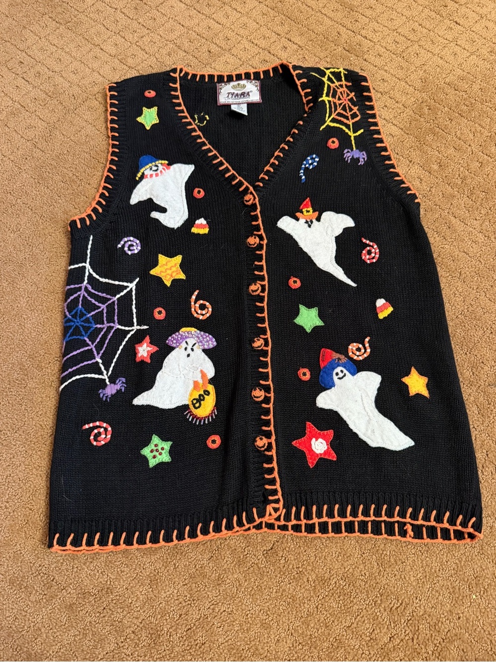 Vintage Tiara Halloween Ghost Sweater S Spiderweb Candy Jackolantern Grandma